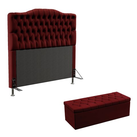 Kit Cabeceira Decorativa Para Cama Box Pollux e Calçadeira Sagitarius 160 Para Cama Queen Sued Bordô