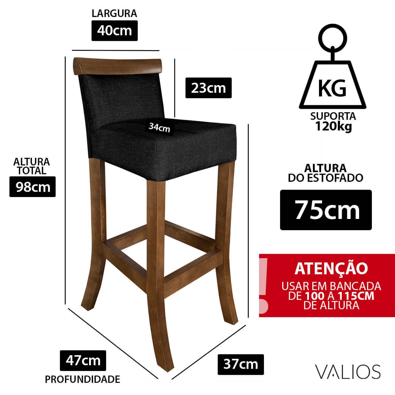 Jogo com 3 Cadeira para Bancada Banco Alto de Madeira Bar Cozinha Americana Encosto Estofado Valios - 3