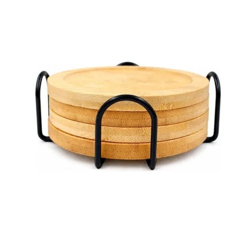 Jogo de Porta Copos Redondos de Bambu com 4 Peças e Suporte Aramado Preto