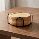 Ver imagem 2 de Jogo de Porta Copos Redondos de Bambu com 4 Peças e Suporte Aramado Preto