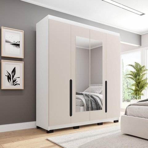 Roupeiro Solteiro Madri 4 Portas com Espelho 161x214cm Creme/Branco 250828