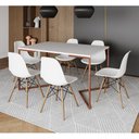 Ver imagem 1 de Mesa Jantar Industrial Retangular Branca 137x90cm Base V Cobre com 6 Cadeiras Eames Eiffel Brancas M