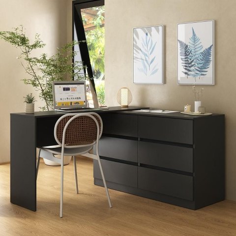 Escrivaninha em L 120cm C/ 6 Gavetas Flex Multimóveis Mp6030 Preto