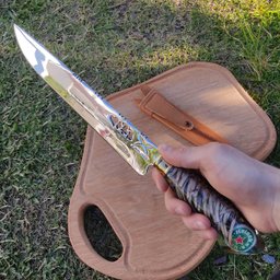 Faca Artesanal 10' Churrasco 3mm Aço Inox 420c cabo Hibrido Heineken Folhas Nype Picanheira - 4