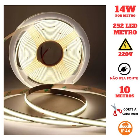Fita Cob 252 Led's 10 Metros Ip44 220v 14w 4000k Liga Direto