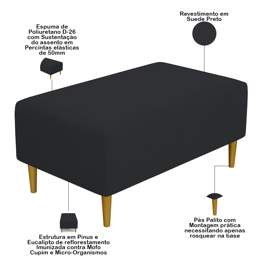 Puff Decorativo Sala de Estar Cléo Pés Palito 90cm Suede Preto - 4