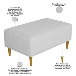 Puff Decorativo Sala de Estar Cléo Pés Palito 90cm Linho Cinza - 4
