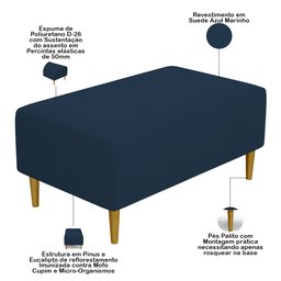 Puff Decorativo Sala de Estar Cléo Pés Palito 90cm Suede Azul Marinho - 4