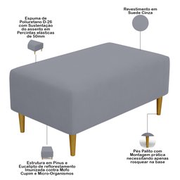 Puff Decorativo Sala de Estar Cléo Pés Palito 90cm Suede Cinza - 4