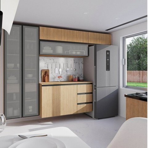 Cozinha Modulada 5 Peças 3 Aéreos 1 Balcão 1 Cristaleira Nara CabeCasa MadeiraOriginals Marrom/Avena