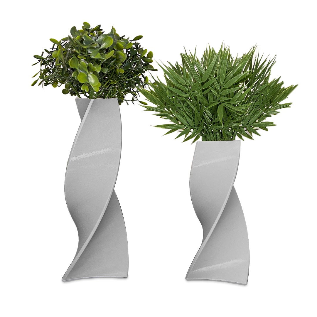 Kit 2 Vasos Decorativos Twisted 3D Plástico Flores Artificiais - Cinza - 1
