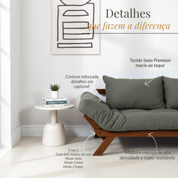 Sofá Cama Japão Futon Cinza em Madeira Maciça Cor Imbuia - 7