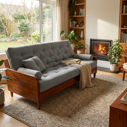 Sofá Cama Paris Sarja Cinza Madeira Nobre Cor Imbuia - 2