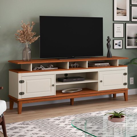 Rack para TV 75 Polegadas Madeira Maciça 2 Portas Rústico 185,7cm Off White - Apaixone & Decore
