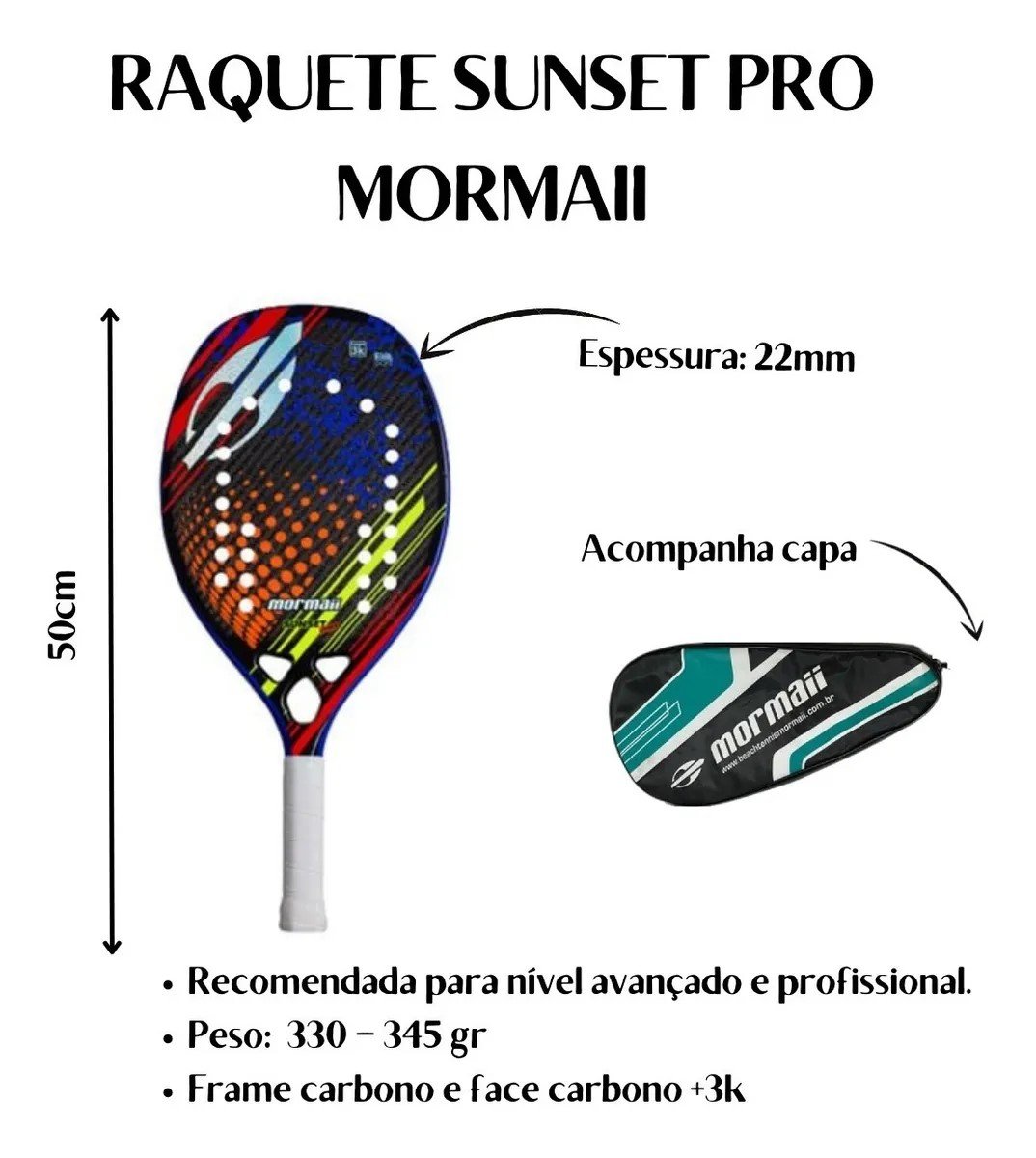 Raquete Beach Tennis Carbono 12k Total Pro Sunset + Capa