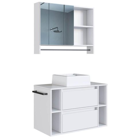 Espelheira e Gabinete Suspenso com Cuba 80cm Branco Proddy