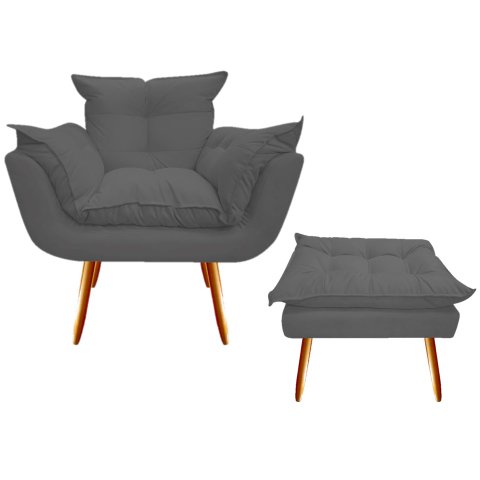 Kit Poltrona + Puff Decorativo Opala Suede Cinza Pés Madeira Ms Decor
