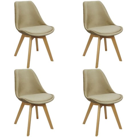 Kit 4 Cadeiras Charles Eames Leda Veludo Luisa Saarinen Estofada Base Madeira - Bege