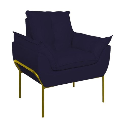 Poltrona Sofá Luxo Base Metal Dourada Recepção Escritório Azul Marinho