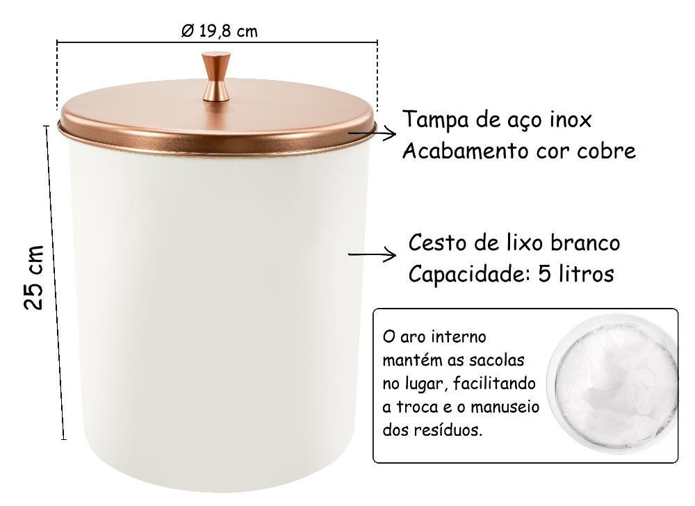 Lixeira Cesto de Lixo para Banheiro Cozinha 5 Litros Piso Chão Branca Tampa de Aço Inox Cor Cobre - 2