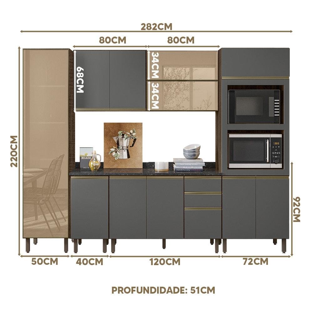 Cozinha 7 Peças Modulada com Vidro Reflecta Amêndoa Cinza - 4