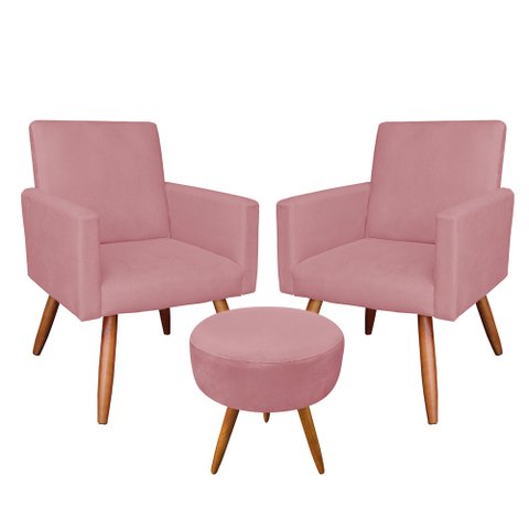 Kit 2 Poltronas e Puff Banqueta Redonda Nina Suede Rosê Pés Palito Castanho - Pallazio