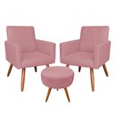 Ver imagem 1 de Kit 2 Poltronas e Puff Banqueta Redonda Nina Suede Rosê Pés Palito Castanho - Pallazio
