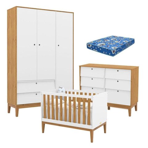 Quarto de Bebe Unique 3 Portas com Cômoda 6 Gavetas Branco Soft Freijó Eco Wood e Colchão Ortobom - 