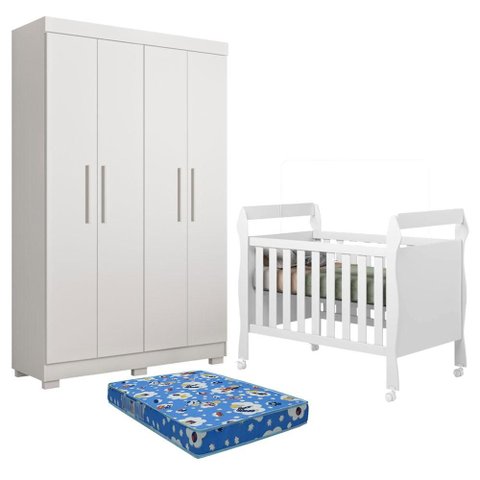 Berço Americano Soninho com Guarda Roupa Flórida Branco Acetinado Colchão Americano Ortobom - Tigus