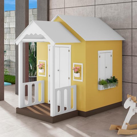 Casinha de Brinquedo Mdf com Varanda C/cerca Artesanal Branco/amarelo L12 - Gran Belo Casinha Infant