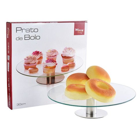 Prato de Bolo e Doces em Vidro com Pedestal em Aço Inox 30cm - Wincy