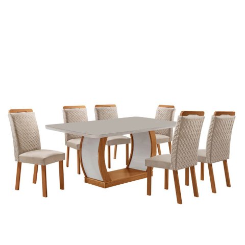 Mesa de Jantar Milena 180cm Tampo MDF Vidro Canto Copo com 6 Cadeiras Aline