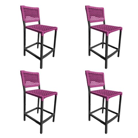 Kit 4 Banquetas França em Corda Náutica e Base em Alumínio Preta para Área Gourmet Rosa