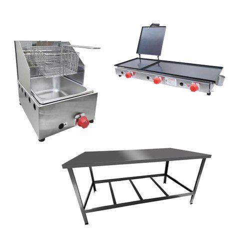 Kit Lanchonete Mesa de Manipulação 120x55cm + Fritadeira a Gás 1 Cuba + Chapa a Gás 90cm