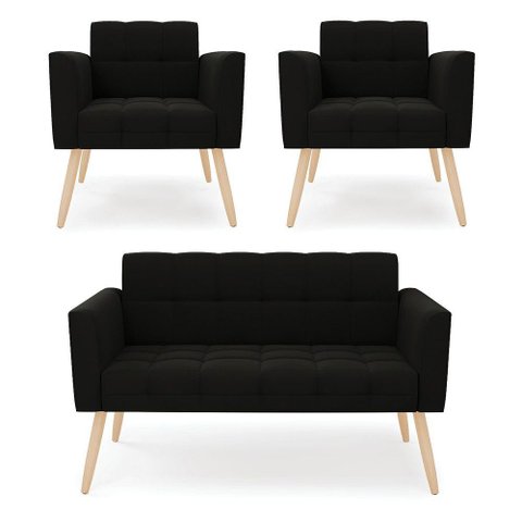 Kit 1 Sofá Namoradeira e 2 Poltronas Elisa Suede Preto Pés Palito - D'Rossi