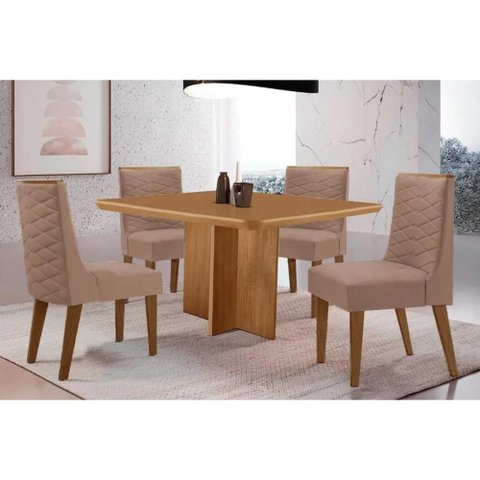 Conjunto: Mesa Sala Jantar Berlim Tampo Curvo 90cm+4 Cadeiras Dafne Madeira Naturale - Capuccino/