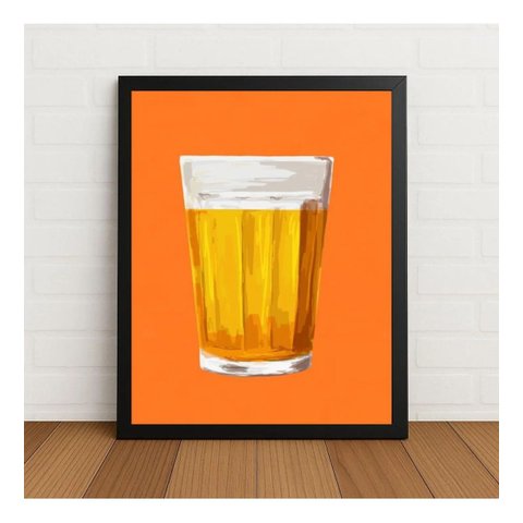 Quadro Copo de Cerveja Estilo Minimalista c/ Moldura e Vidro Preto