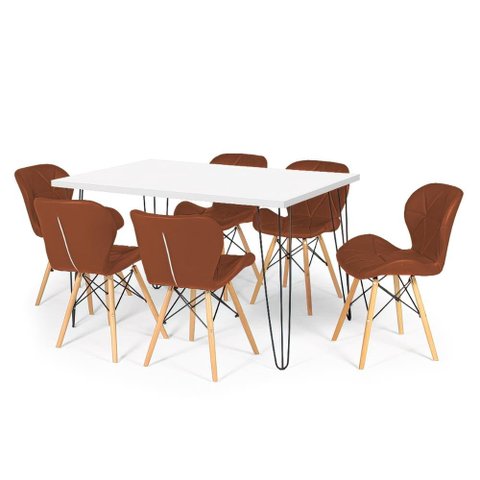Conjunto Mesa de Jantar Hairpin 130x80 Branca com 6 Cadeiras Eiffel Slim - Marrom