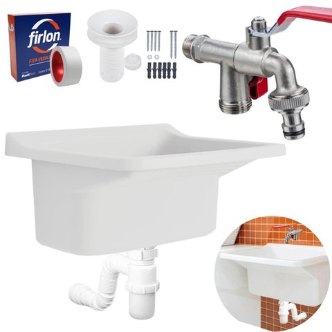 Tanque de Plástico 34l Branco + Torneira com Duas Saídas + Sifão Sanfonado com Copo Branco + Veda Ro