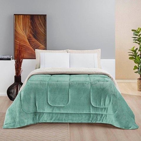 Coberdrom Diamond Casal Queen Sherpa com Manta Flannel 01 Peça Verde Alecrim 100% Poliéster