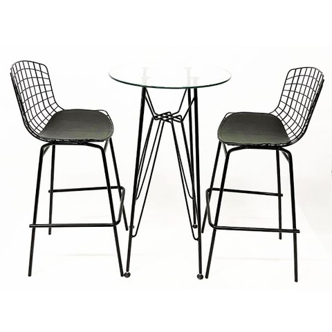 Jogo de Mesa Ísis Bistrô Eames Eiffel Altura 1,00 Metro Vidro 60cm e 2 Banquetas Bertoia Preta Tubul