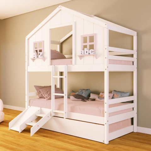 Treliche Casinha Dos Sonhos com Escada/ Escorregador Madeira Maciça Branco/ Rosa Housin