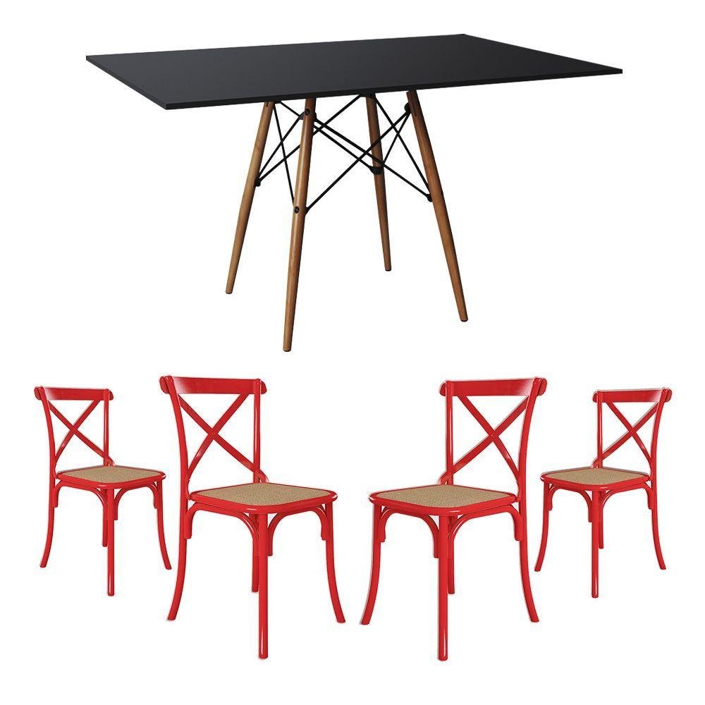 Conjunto de Mesa Eiffel Retangular Tampo de Madeira 120x75cm Preto com 4 Cadeiras Katrina Vermelha a - 1