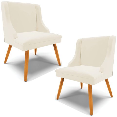 Kit 2 Poltronas Decorativas Pés Palito de Madeira Firenze Veludo Bege/Natural - Gran Belo