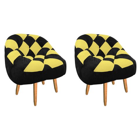 Kit 02 Poltrona Paloma Escritório Sala Pé Palito Suede Preto e Suede Amarelo - Dominic Decor