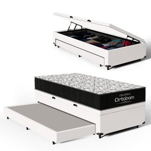 Cama Box Baú com Colchão de Espuma D45 Ortobom Airtech 150 + Auxiliar Unique Solteiro 88cm