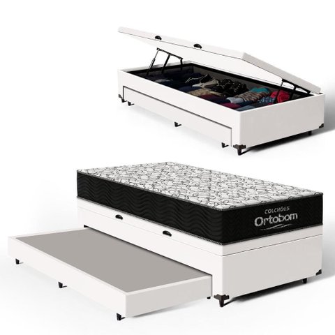 Cama Box Baú com Colchão de Espuma D45 Ortobom Airtech 150 + Auxiliar Unique Solteiro 88cm