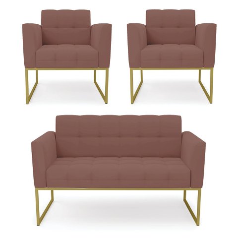 Kit 1 Sofá Namoradeira e 2 Poltronas Elisa Veludo Rosê Base Metálica Industrial Dourado - D'Rossi