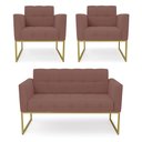 Ver imagem 1 de Kit 1 Sofá Namoradeira e 2 Poltronas Elisa Veludo Rosê Base Metálica Industrial Dourado - D'Rossi