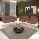 Ver imagem 2 de Kit 1 Sofá Namoradeira e 2 Poltronas Elisa Veludo Rosê Base Metálica Industrial Dourado - D'Rossi